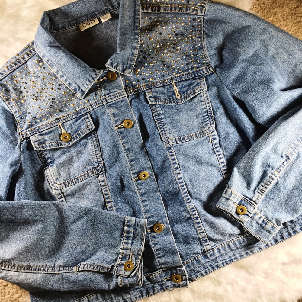 Cato Women's Gem Studded Jean Button Up Jacket - Picture 1 of 6